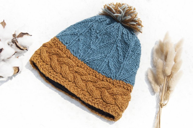 手工编织纯羊毛帽/编织帽/针织毛帽/内刷毛手织毛帽/毛线帽-芥黄 - 帽子 - 羊毛 多色