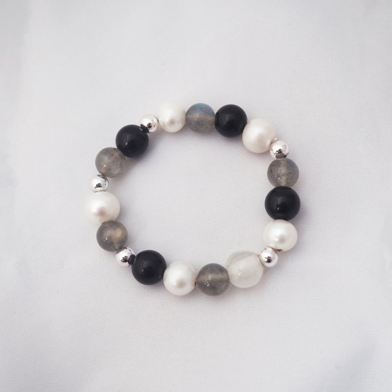 【Rachelle L.几何系列】都市丛林 淡水珍珠拉长石黑曜石弹力手链 - 手链/手环 - 宝石 黑色