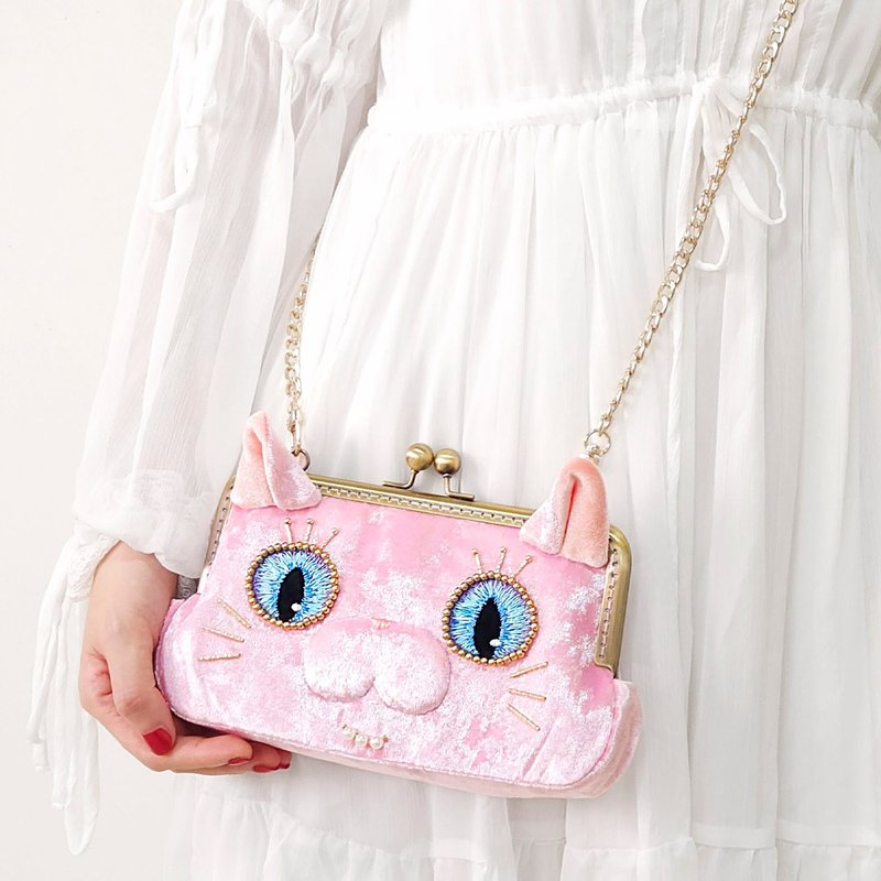 原创设计 粉猫夫人 斜挎长款钱包 卡包 手机包 单肩侧背 口金包 - 皮夹/钱包 - 聚酯纤维 粉红色