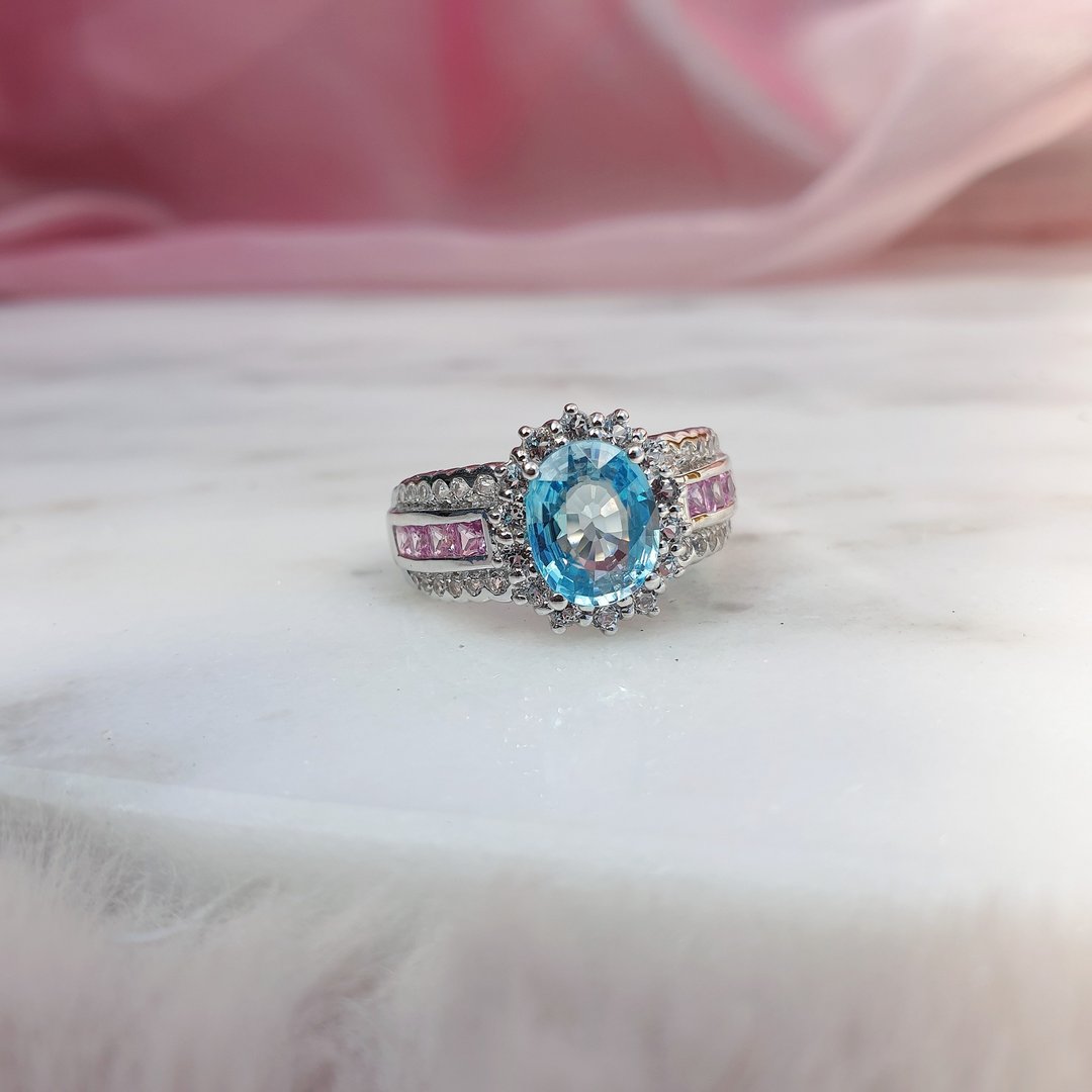(Rainbow) Blue Zircon ring decorated with Pink sapphire and white topaz, 925 Silver case - 戒指 - 宝石 多色
