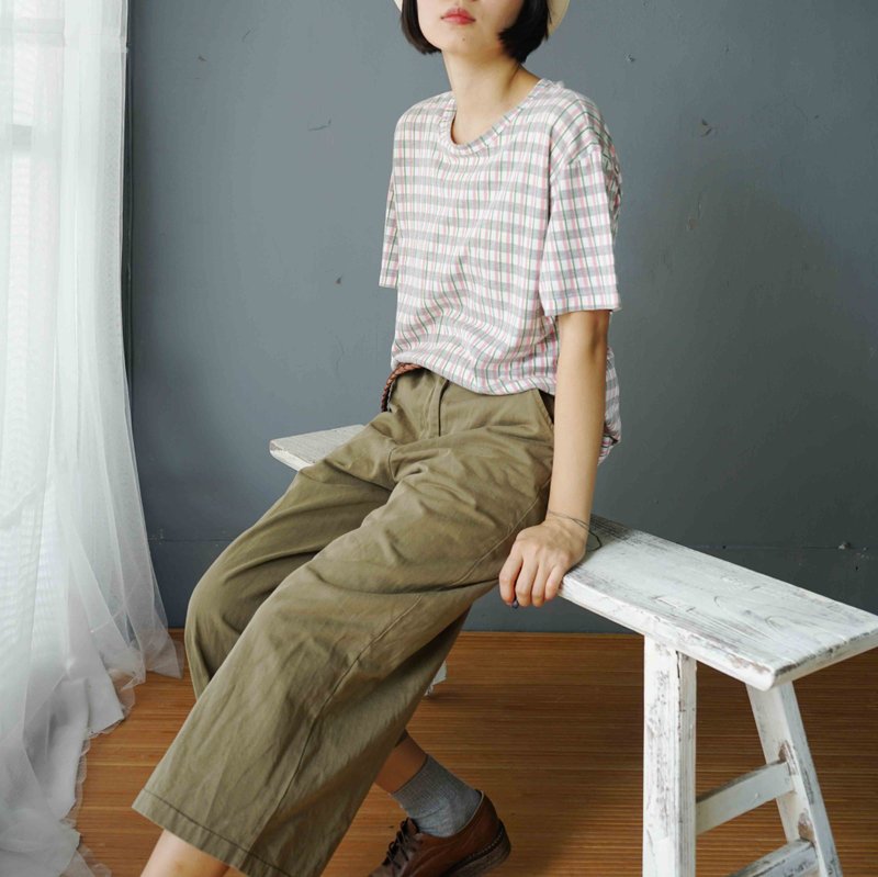 寻宝古着-comme des garcons粉红灰格圆领棉质T - 女装 T 恤 - 棉 粉红色