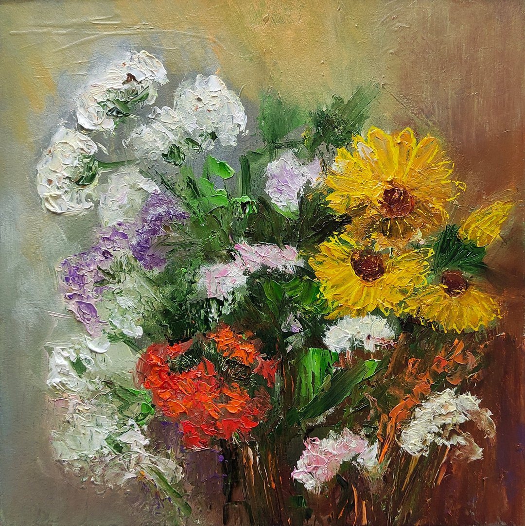花园鲜花花束原创油画花卉墙艺术礼物油画油画原作 - 海报/装饰画/版画 - 其他材质 多色