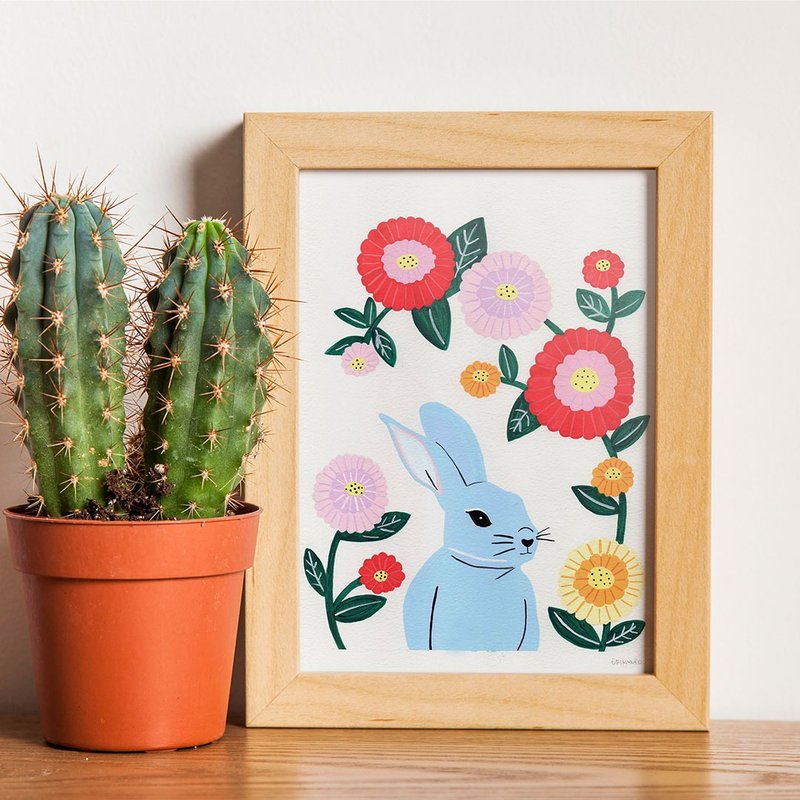 Original Painting // Rabbit and Flower // Blue Rabbit - 海报/装饰画/版画 - 纸 粉红色