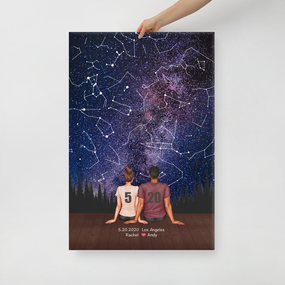 纪录交往纪念日的真实星空定制情侣背影画像双人似颜绘油画无框画 - 订制画像 - 棉 紫色