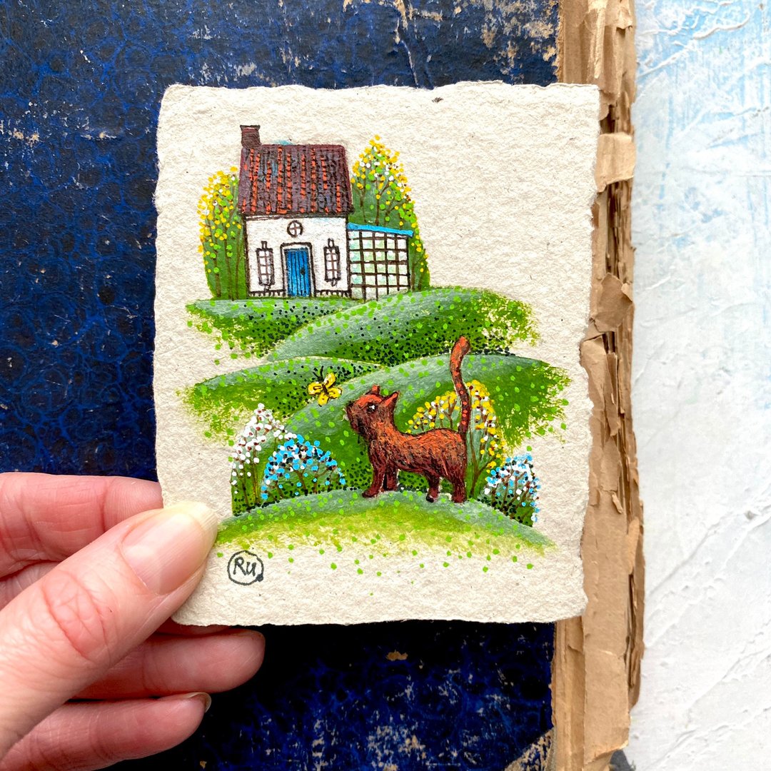 Cat and butterfly painting Tiny Original art Small artwork by Rubinova - 海报/装饰画/版画 - 纸 多色