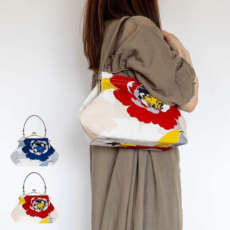 横长苯莉口金包 牡丹 Peony 手提包 Frame Bag 附牛皮提把 日本制 - 手提包/手提袋 - 棉．麻 红色
