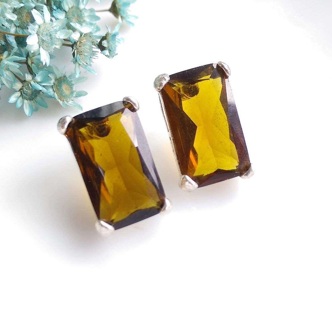【西洋古董饰品 】AVON 琥珀色调 简约造型 方钻   针式耳环 - 耳环/耳夹 - 其他金属 金色