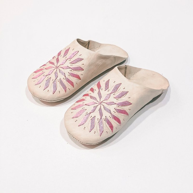 【Babouche 手工鞋】粉樱小花 - 圆 / 摩洛哥 - 室内拖鞋 - 真皮 粉红色