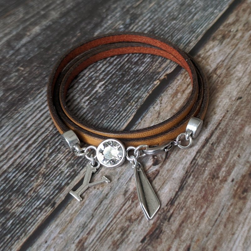 5mm平皮绳 银饰手链 水晶字母链 - 手链/手环 - 真皮 黄色