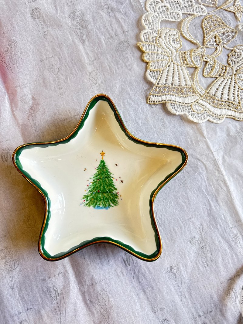 【好日恋物】韩国圣诞树餐盘耶诞节礼物星星造型金边糖果盘感恩 - 盘子/餐盘/盘架 - 瓷 绿色