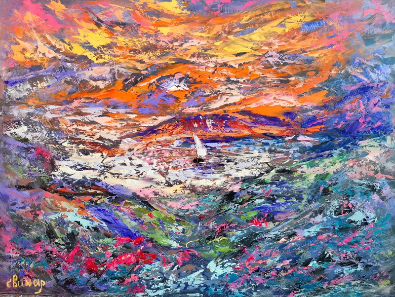 帆船山花日落原创艺术油画艺术家 Svinar Oksana - 其他 - 其他材质 多色