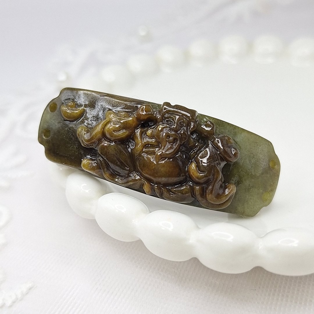 浓郁天然黄翡财神爷手牌 | 天然缅甸玉A货翡翠 - 项链 - 玉石 