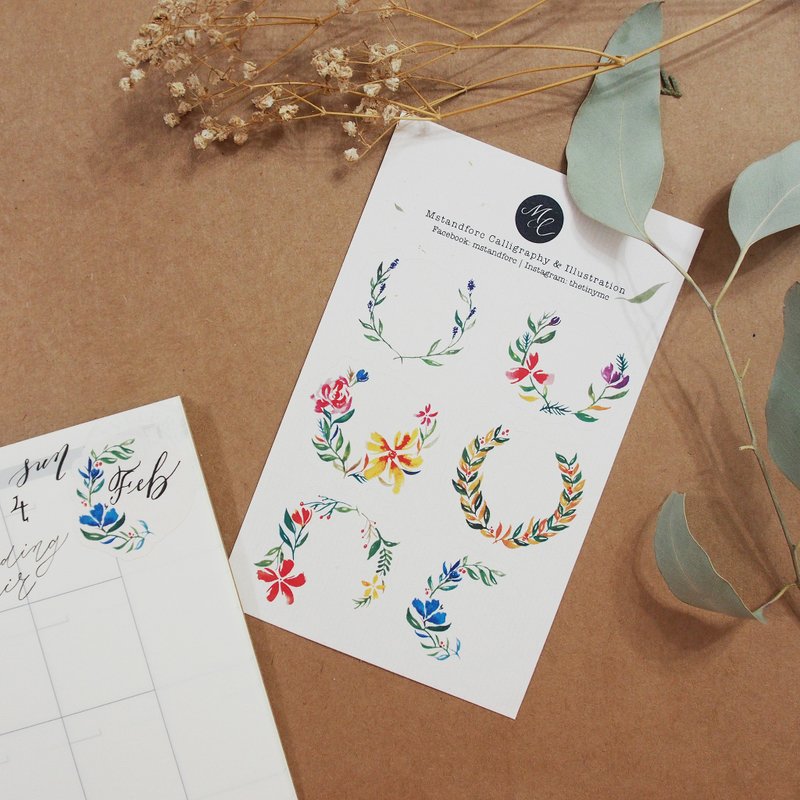 Mstandforc 水彩花圈贴纸6张 - 贴纸 - 纸 多色