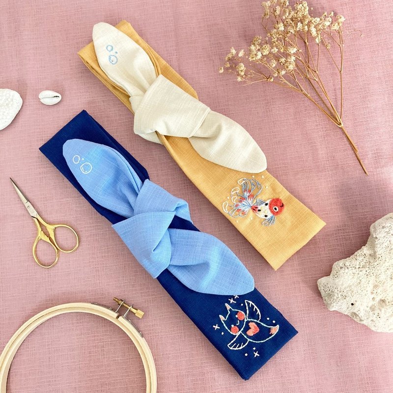 双色版海天使和金鱼手工刺绣蝴蝶结发带 - 发带/发箍 - 棉．麻 多色