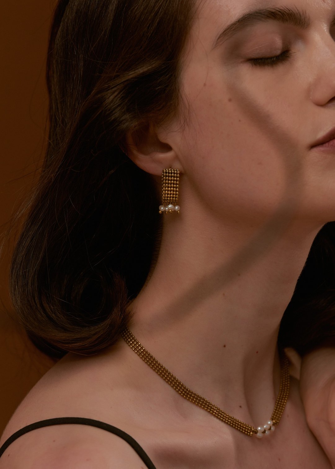 Entwine - 织 耳环 Weave earrings - 耳环/耳夹 - 珍珠 金色