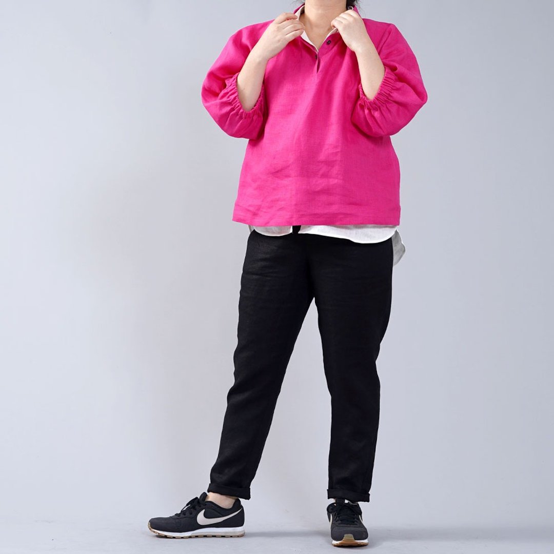 wafu - 亞麻女裝襯 Midweight Linen Stand Collar 3/4Sleeve Top / Azalea Pink t005a-azr2 - 女装衬衫 - 亚麻 粉红色