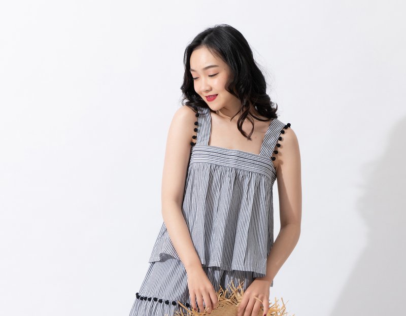 【joliememe】湖畔时光 无袖上衣Stripe Cotton Sleeveless Top - 女装背心 - 棉 黑色