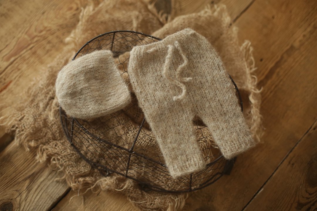 Set newborn panties and knit alpaca baby bonnet, newborn photo props outfit - 婴儿饰品 - 羊毛 绿色