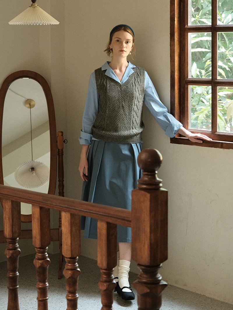 MintCheese 法式文艺复古 麻花针织奶奶灰 羊毛毛衣背心 - 女装背心 - 羊毛 灰色