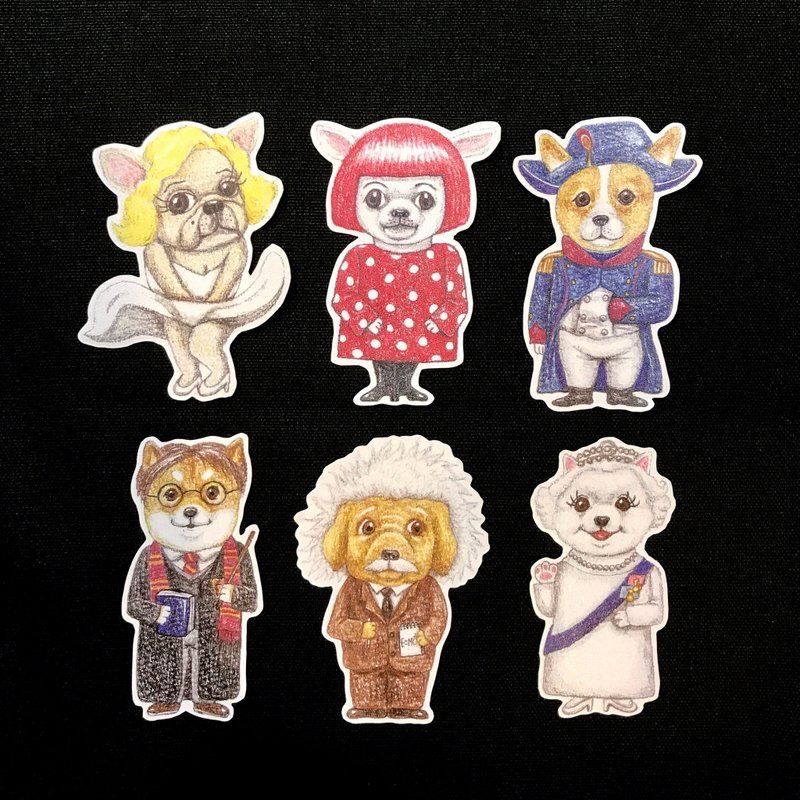 色铅笔手绘 世界名人狗 防水贴纸组 6入 - 贴纸 - 纸 