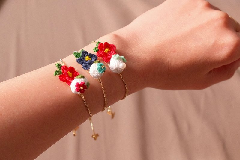 2024新春过年鈎针编织 手*雪兔+山茶花 - 手链/手环 - 棉．麻 