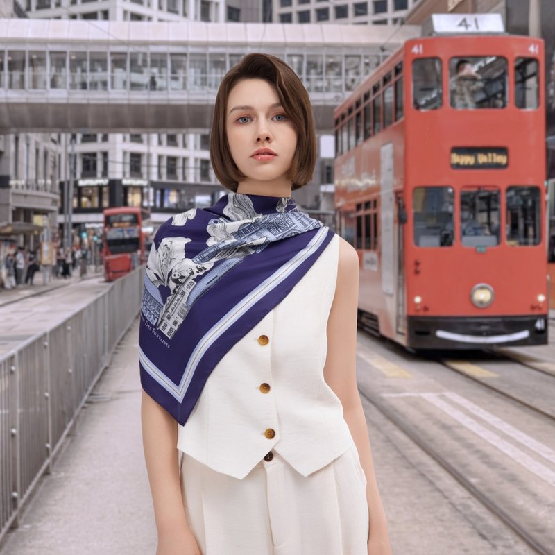 小城大事大方巾丝巾90厘米 Jardin Des Fontaines - 丝巾 - 聚酯纤维 蓝色