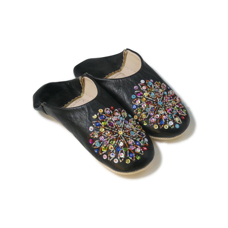 Black / mix / moroccan Leather babouche Slippers / High quality odourless - 室内拖鞋 - 真皮 黑色