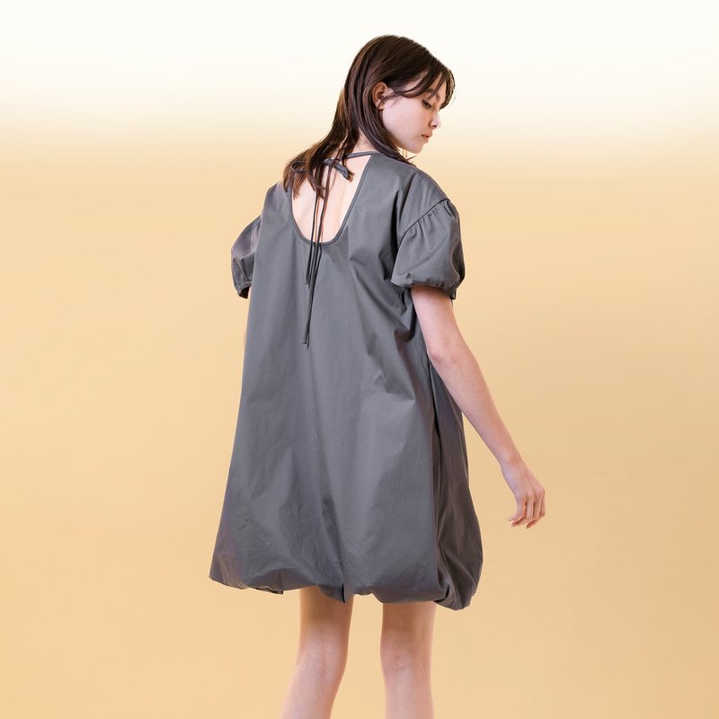 小露背泡泡短洋装 - 洋装/连衣裙 - 棉．麻 灰色