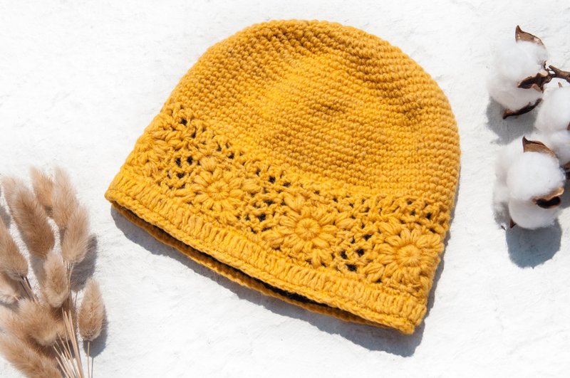 手工编织纯羊毛帽/编织帽/针织毛帽/内刷毛花朵毛帽/毛线帽-黄色 - 帽子 - 羊毛 黄色