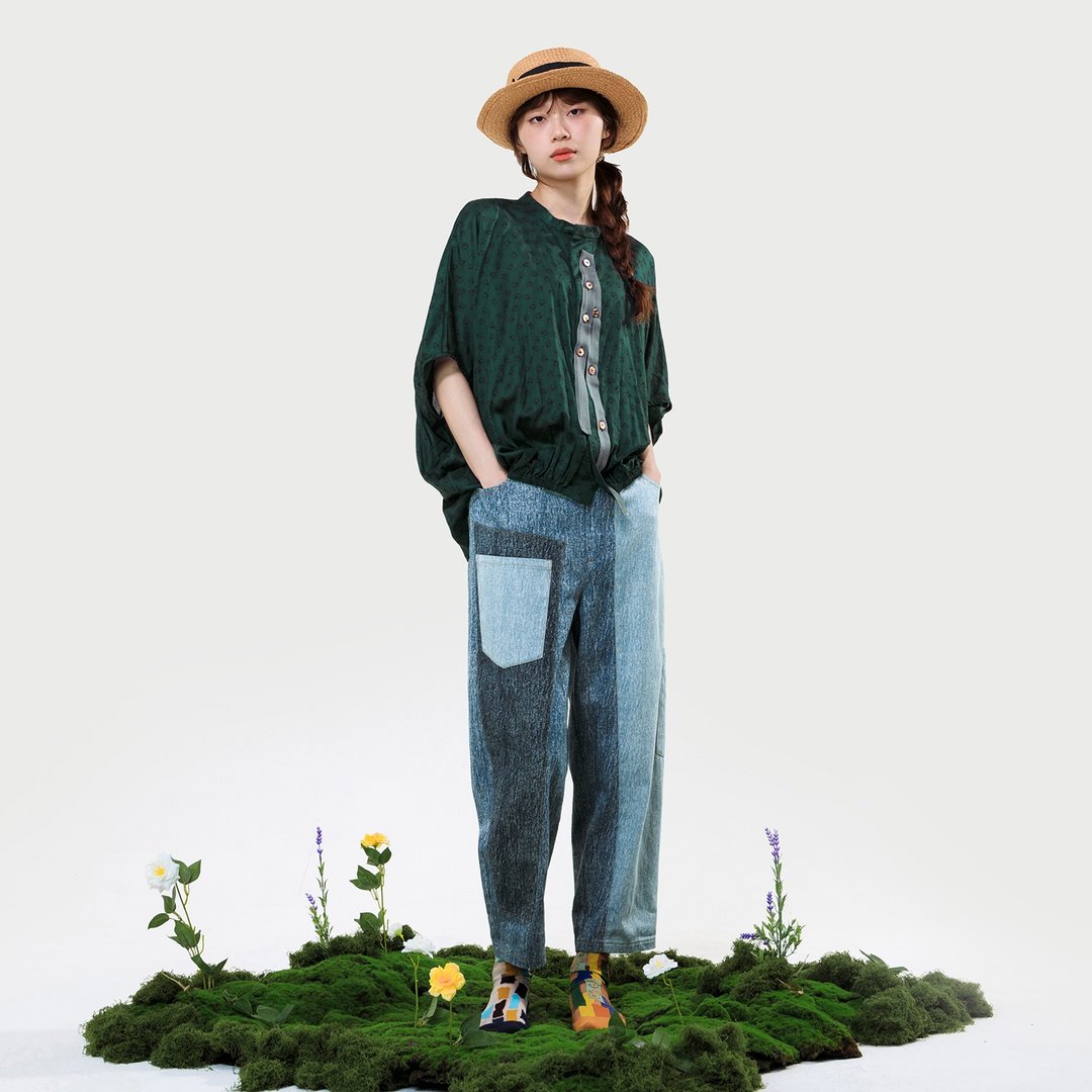 平衡不对称色块拼接牛仔裤 - 中性裤装 - 棉．麻 蓝色