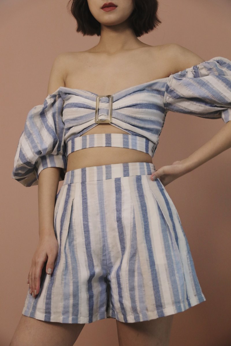 阔腿A型高腰度假休闲短裤 蓝白条纹特殊工艺棉亚麻混纺 - 女装长裤 - 棉．麻 蓝色
