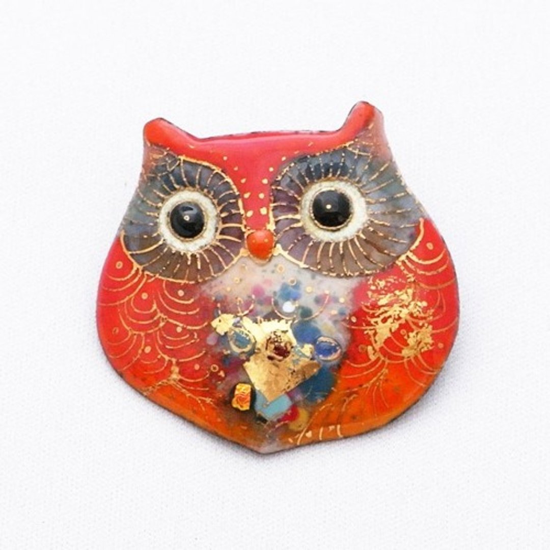 猫头鹰A (中-红色) 七宝烧胸针 - 胸针 - 其他金属 