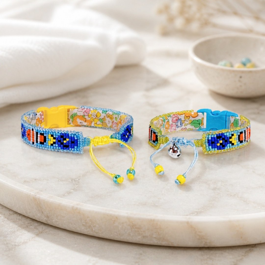 小小的海洋世界 珠饰编织猫咪项圈 橘×蓝 Beaded Cat Collar - 项圈/牵绳 - 棉 多色