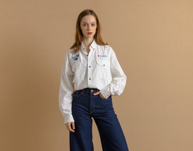 Suzuki 车队赛车复古刺绣 Logo 白色长袖衬衫 7446 - 中性连帽卫衣/T 恤 - 棉．麻 白色
