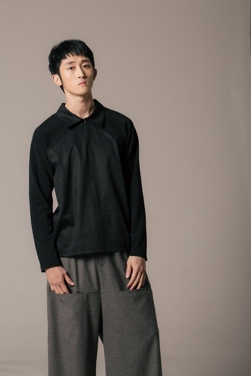 8 lie down_衬衫领拼接棒球衣 - 男装上衣/T 恤 - 棉．麻 黑色