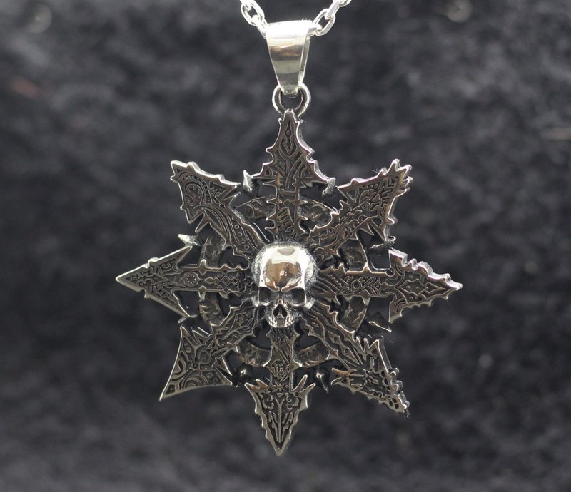 混沌邪神九芒星．骷髅．变幻之槌．战争坠饰 - 项链 - 纯银 银色