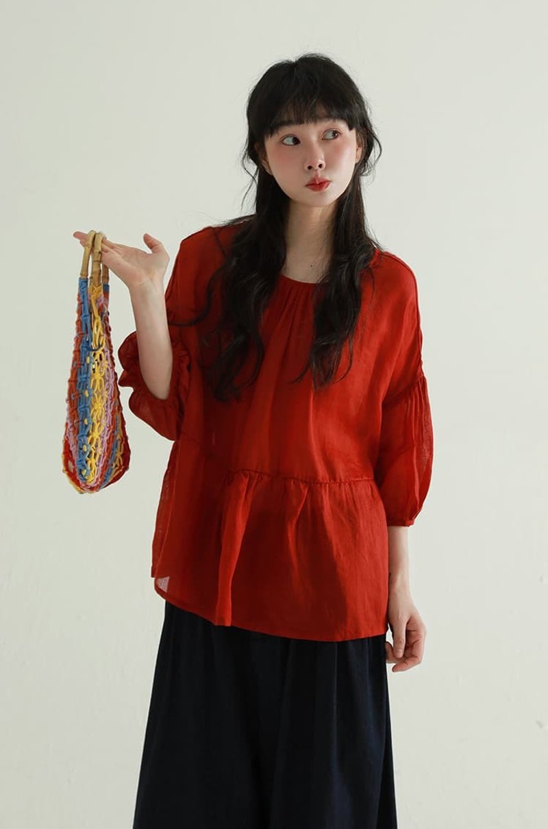 2顏色 苧麻背後扣子襯衫 甜美減齡文藝復古休閒百搭上衣 - 女装上衣 - 棉．麻 红色