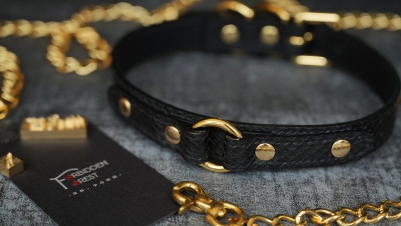 手工黑金配色蛇皮項圈真皮choker 牽引繩 顏色可選 定制刻字禮物 - 项链 - 真皮 黑色