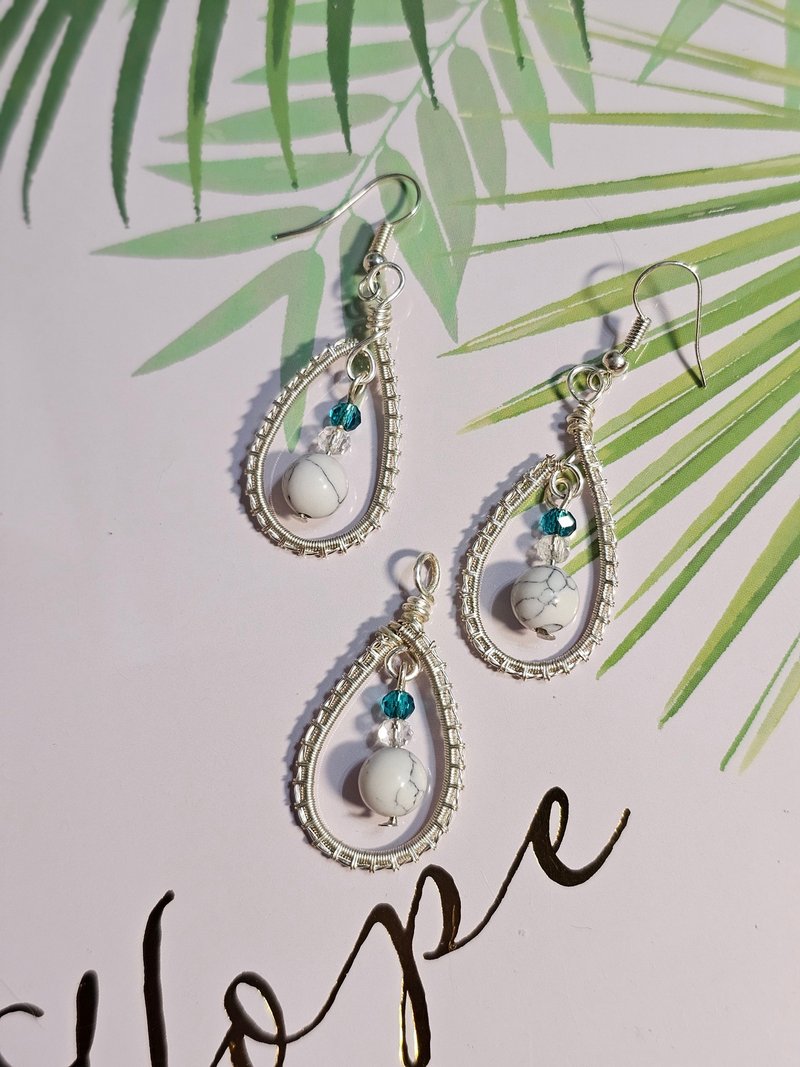 【叶绿𨥤手作】白松石套组 /金属线/节日/礼物/饰品/项链/耳环 - 耳环/耳夹 - 铜/黄铜 白色