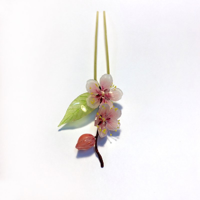 【桃花。新绿】桃花发簪。日本树脂花饰。十二花季-三月。 - 发饰 - 树脂 粉红色