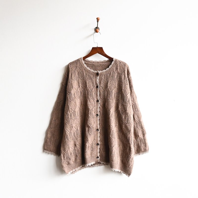 【蛋植物古着】牛奶可可织花开襟古着毛衣 - 女装针织衫/毛衣 - 其他人造纤维 咖啡色