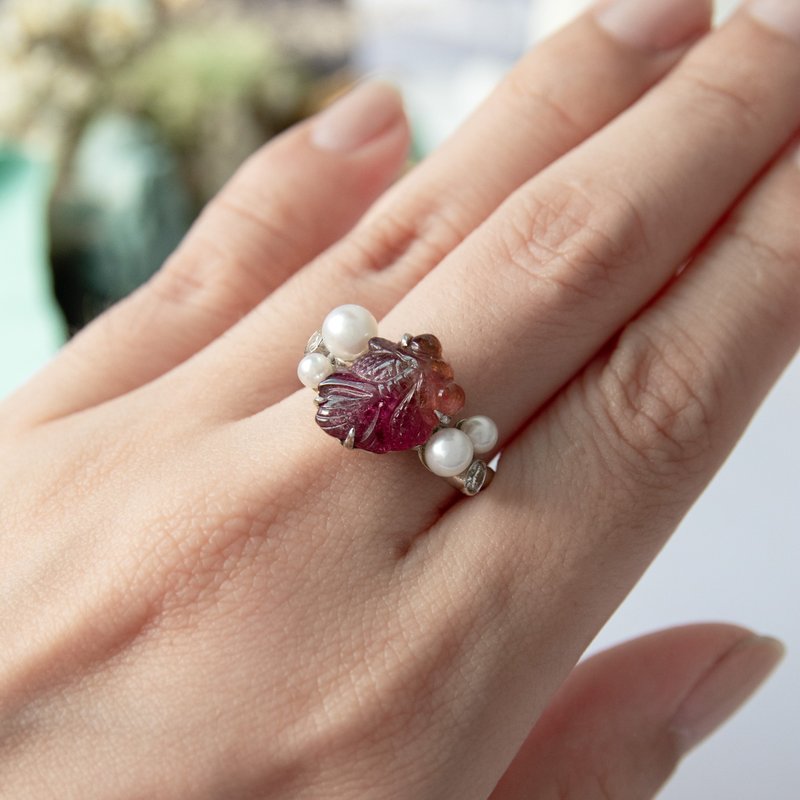 属于你的鱼 纯银碧玺珍珠戒指 - 戒指 - 纯银 红色