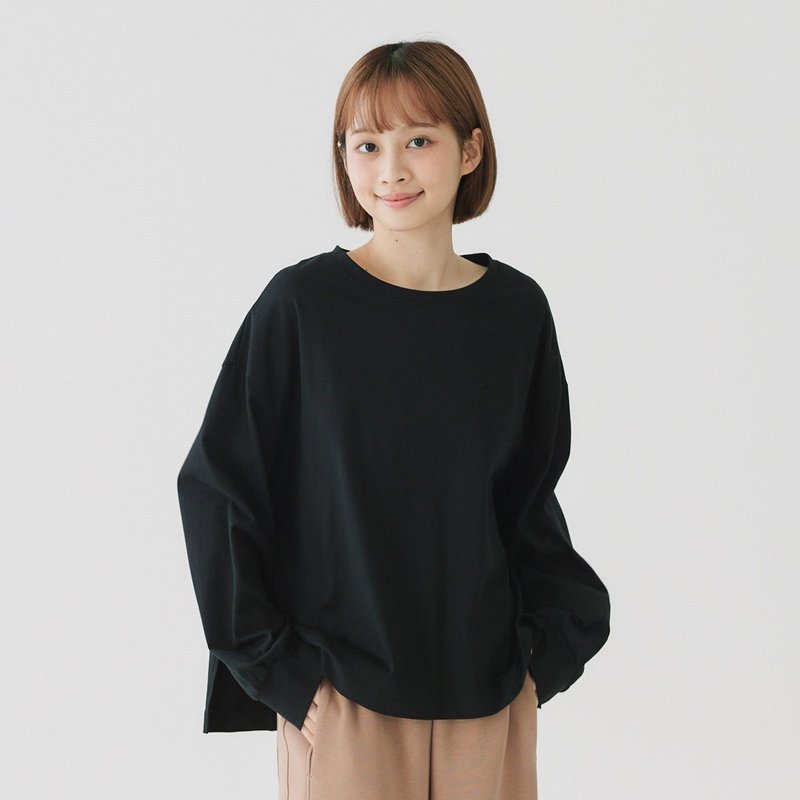 【Simply Yours】落肩开岔长袖T 黑F - 女装上衣 - 棉．麻 黑色
