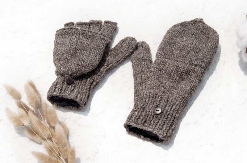 手织纯羊毛针织手套/可拆卸手套/内刷毛手套/保暖手套-咖啡时光色 - 手套 - 羊毛 咖啡色
