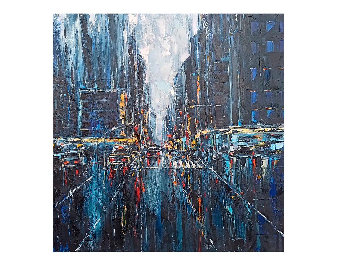 纽约市原创艺术油画艺术品厚涂墙艺术 - 海报/装饰画/版画 - 棉 蓝色