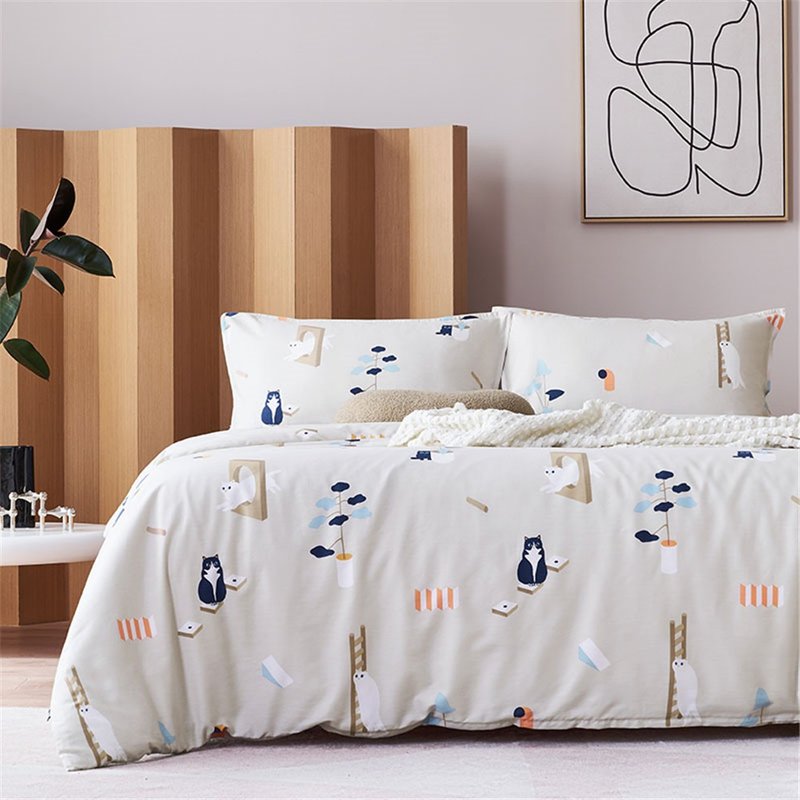 迷蹤喵 枕套+被套兩件組 單人雙人原創手繪貓咪40支純棉 床包另購 - 寝具 - 棉．麻 卡其色