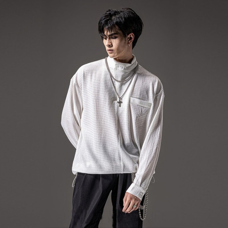 立领长袖衬衫 男士针织衬衫 裁魂系列上衣 - 男装衬衫 - 聚酯纤维 