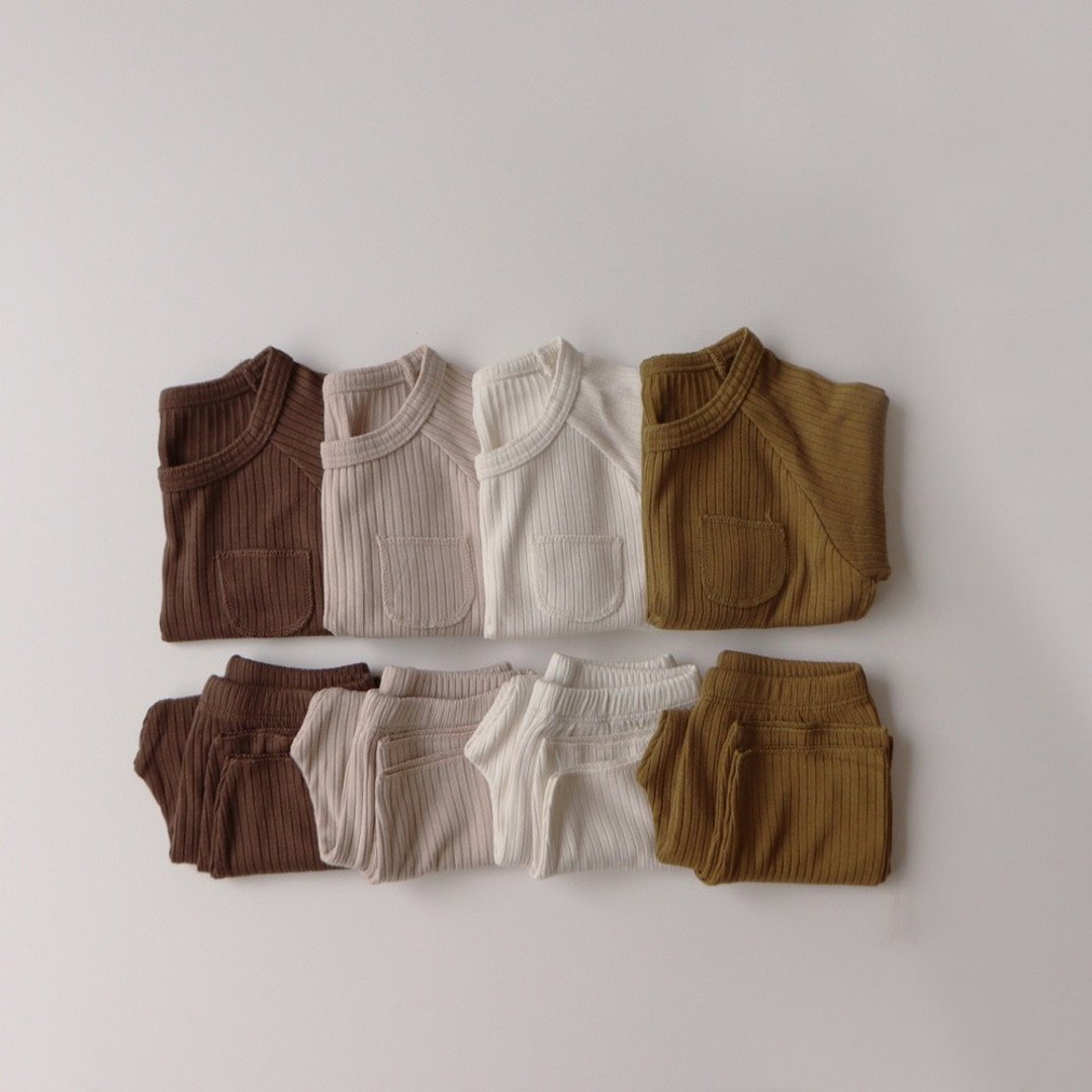 韩国秋冬罗纹小口袋家居服套装 •Pocket Set• - 童装上衣 - 其他材质 