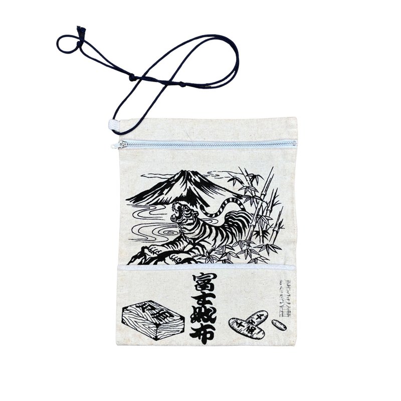 复古日式富士昆布帆布斜背包 老虎富士山艺术复古风 - 侧背包/斜挎包 - 其他材质 白色