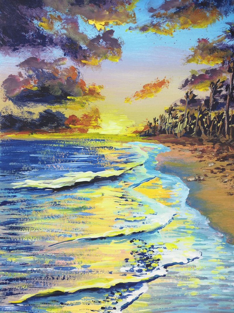 Acrylic Painting on paper Artwork Seascape sunset Original Design Sundown Art - 海报/装饰画/版画 - 其他材质 